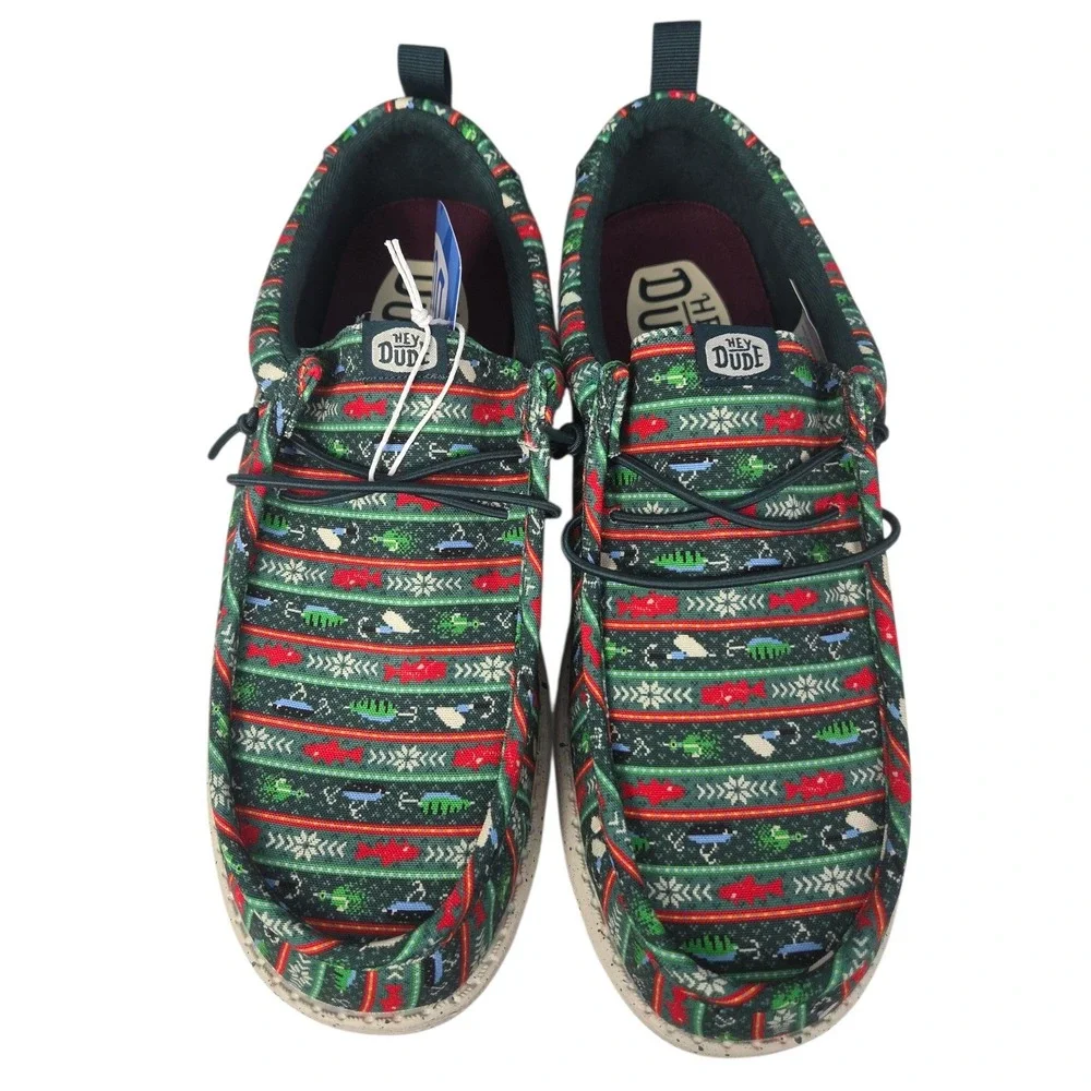 Hey Dude Wally Fishmas Sweater Shoes Mens 10 Green Christmas Slip On Loafers NWT